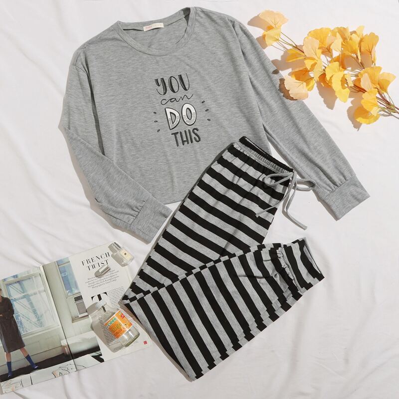 

Slogan Graphic Tee & Stripe Pants PJ Set, Grey