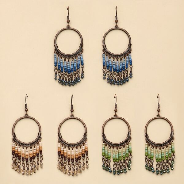 

3pairs Round Decor Beaded Tassel Drop Earrings, Multicolor