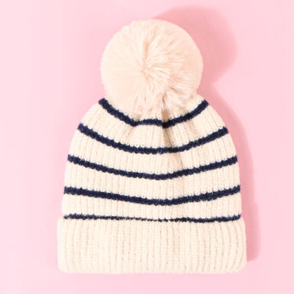

Pom Pom Decor Striped Beanie, Beige