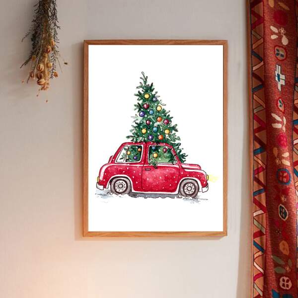 

Christmas Car Print Wall Painting Without Frame, White
