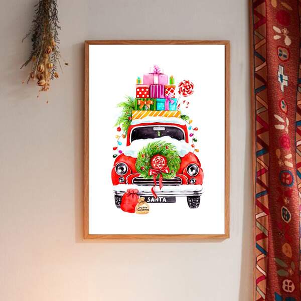 

Christmas Car Print Wall Painting Without Frame, White