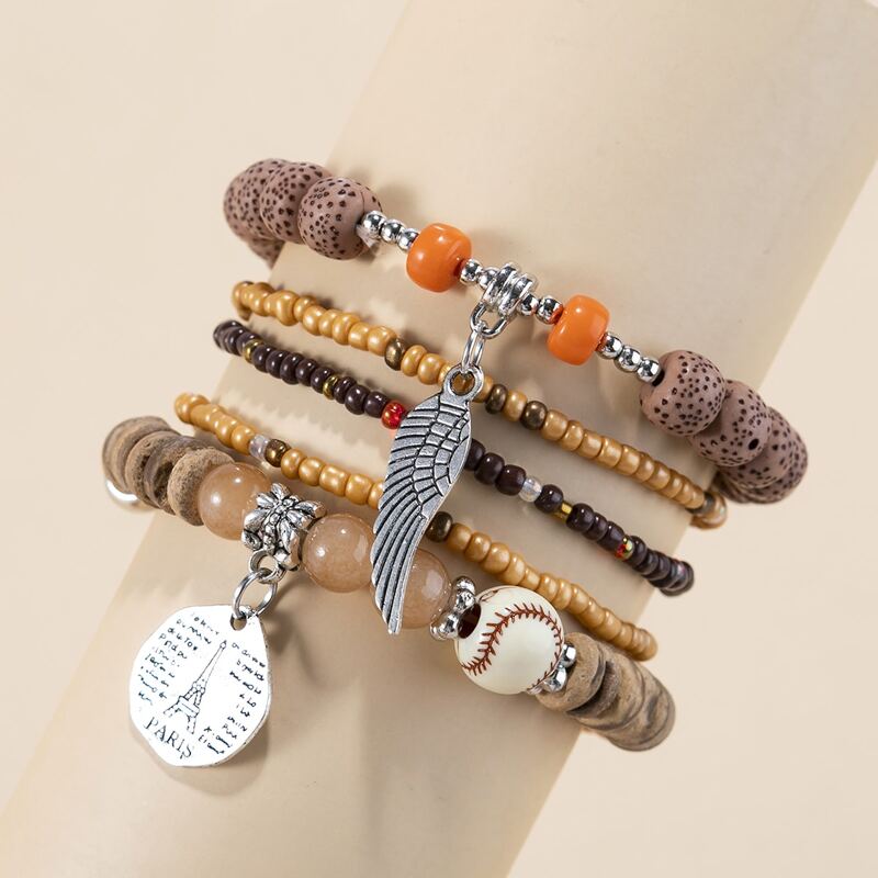 

5pcs Wing & Round Charm Beaded Bracelet, Khaki