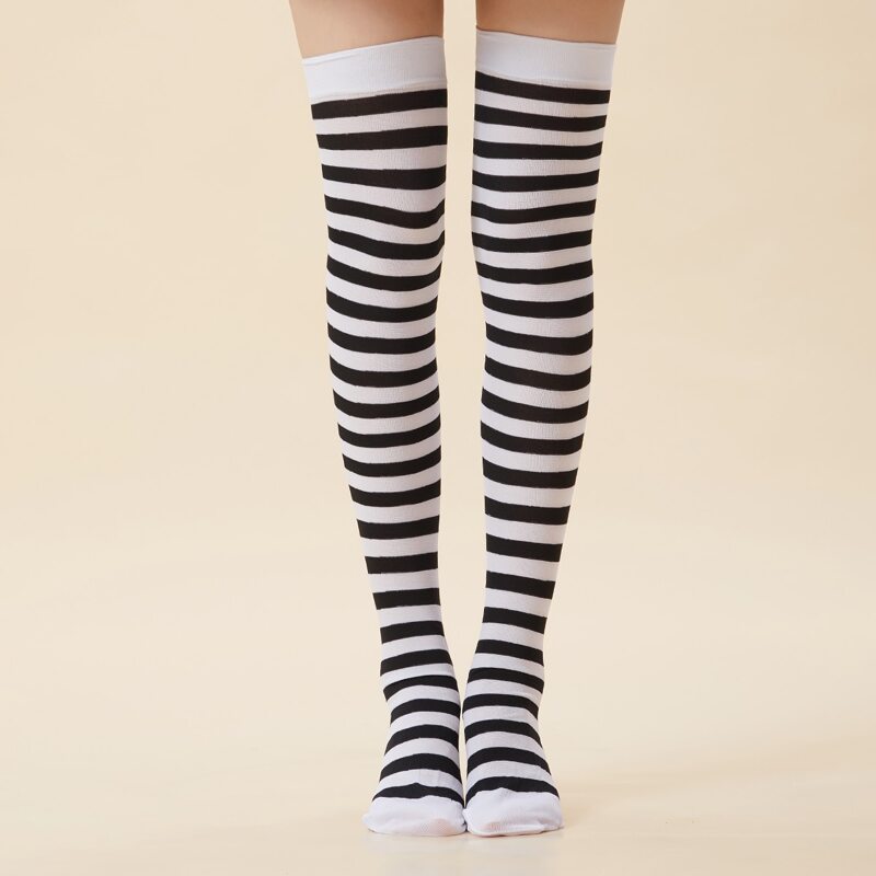 

Striped Pattern Over The Knee Socks, Black and white