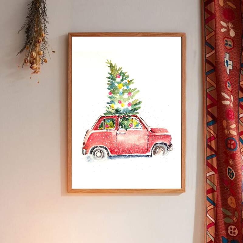 

Christmas Car Print Wall Painting Without Frame, White