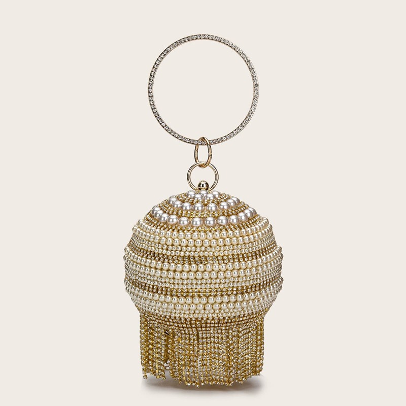 

Mini Faux Pearl Decor Ring Handle Clutch Bag, Gold