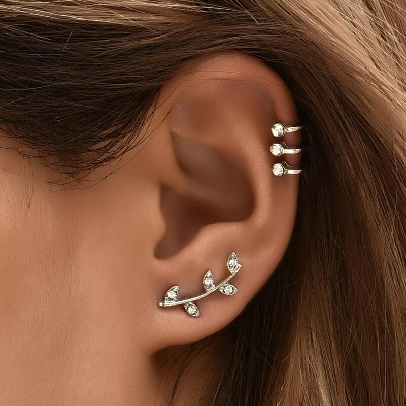 

3pcs Rhinestone Leaf Design Stud Earrings, Silver