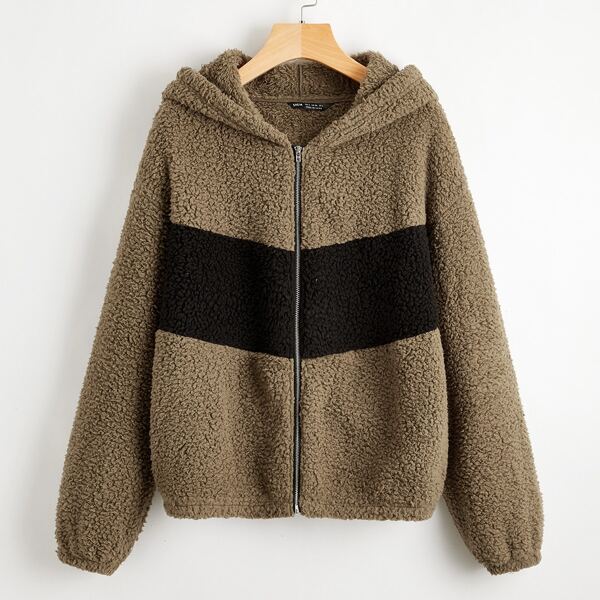 

Color Block Zip Up Teddy Hoodie, Brown