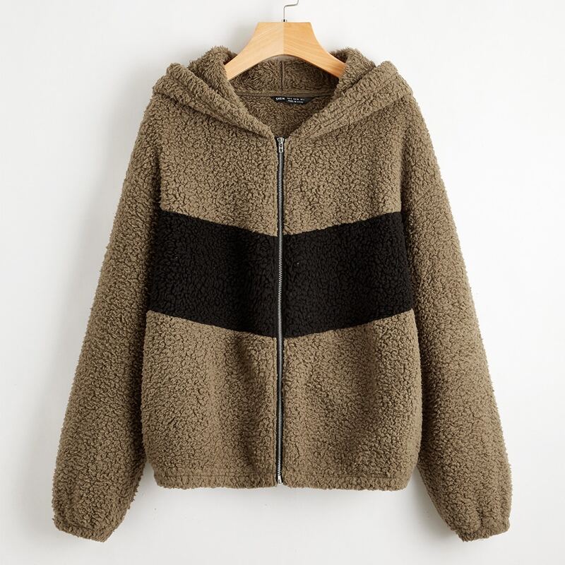

Color Block Zip Up Teddy Hoodie, Brown