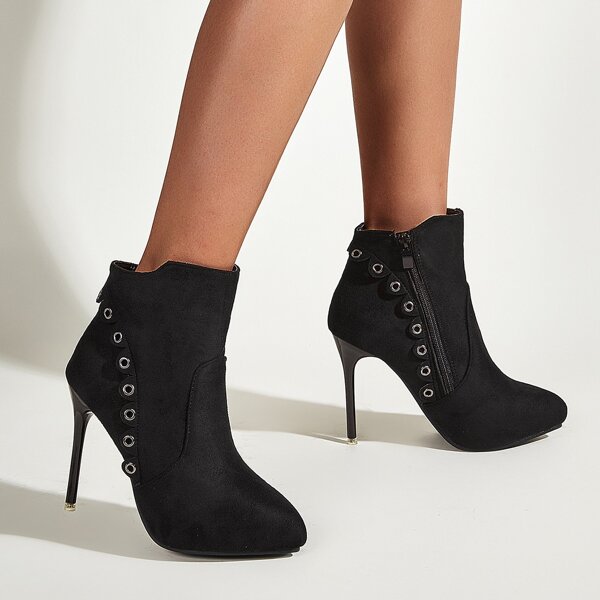 

Side Zip Stiletto Suede Ankle Boots, Black