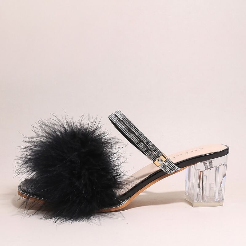 

Rhinestone & Faux Fur Decor Clear Heeled Mules, Black