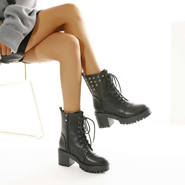 

Spiked Decor Chunky Heeled Lace-up Boots, Black