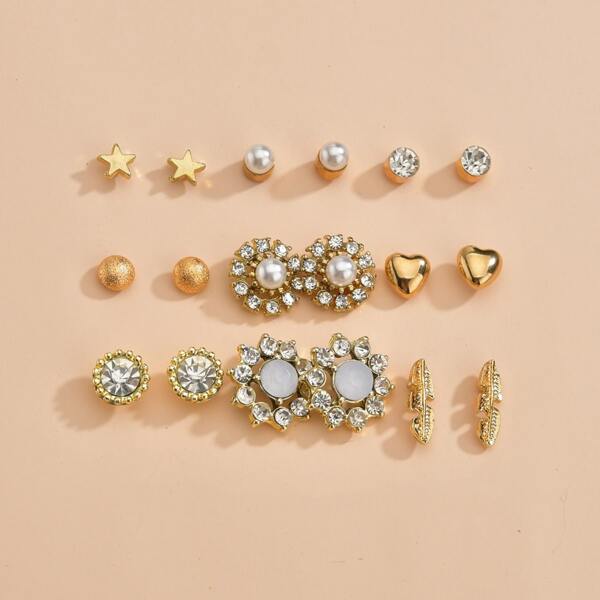 

9pairs Rhinestone Decor Earrings, Gold
