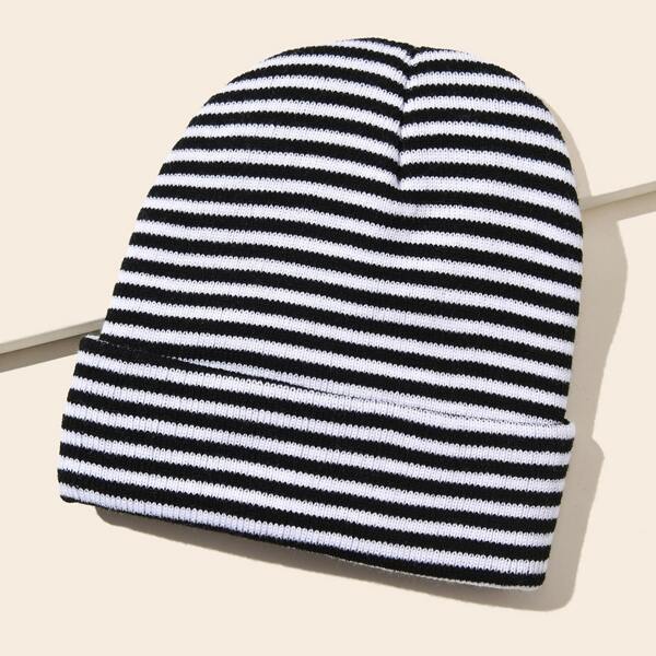 

Striped Cuff Beanie, Black and white