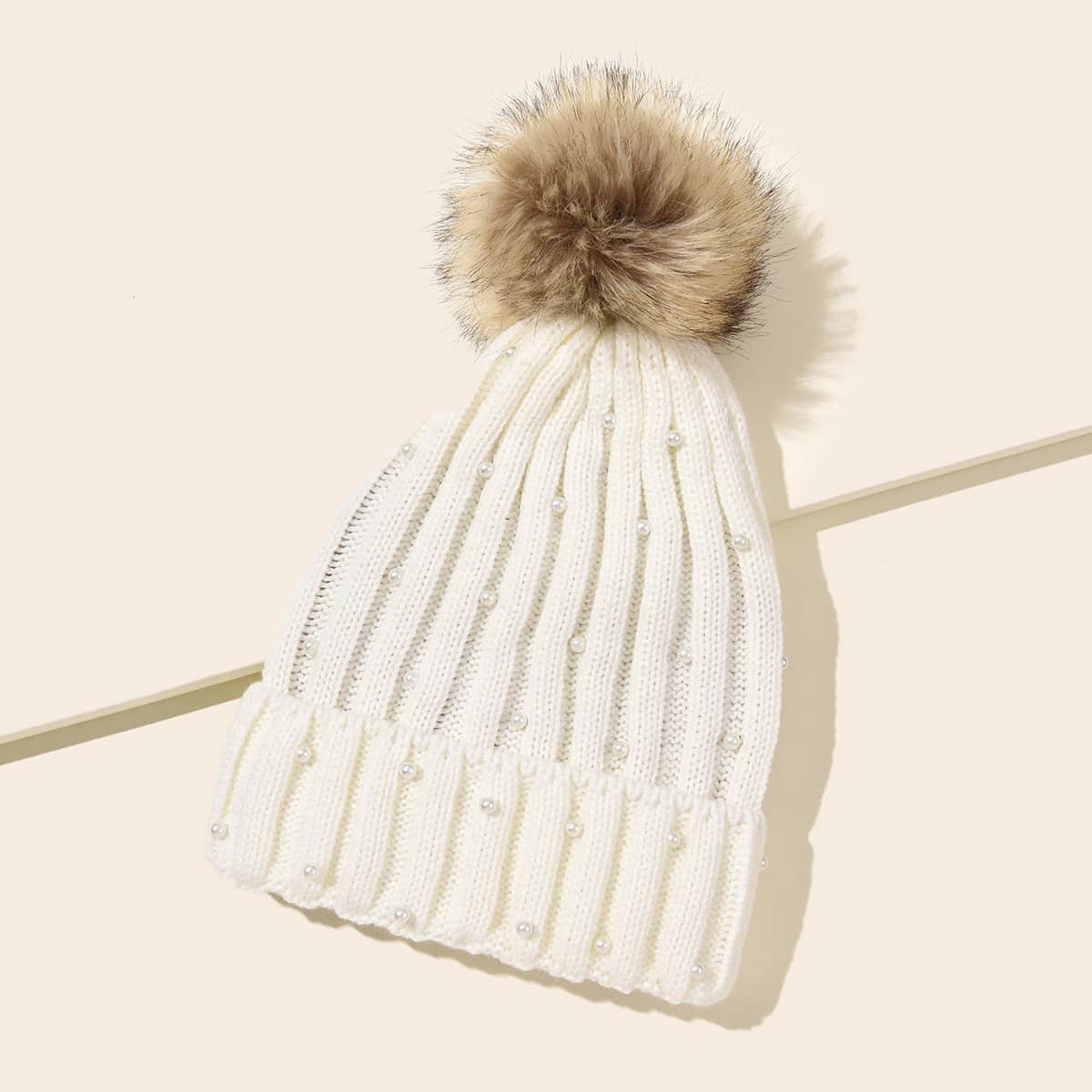 

Faux Pearl Decor Beanie, White