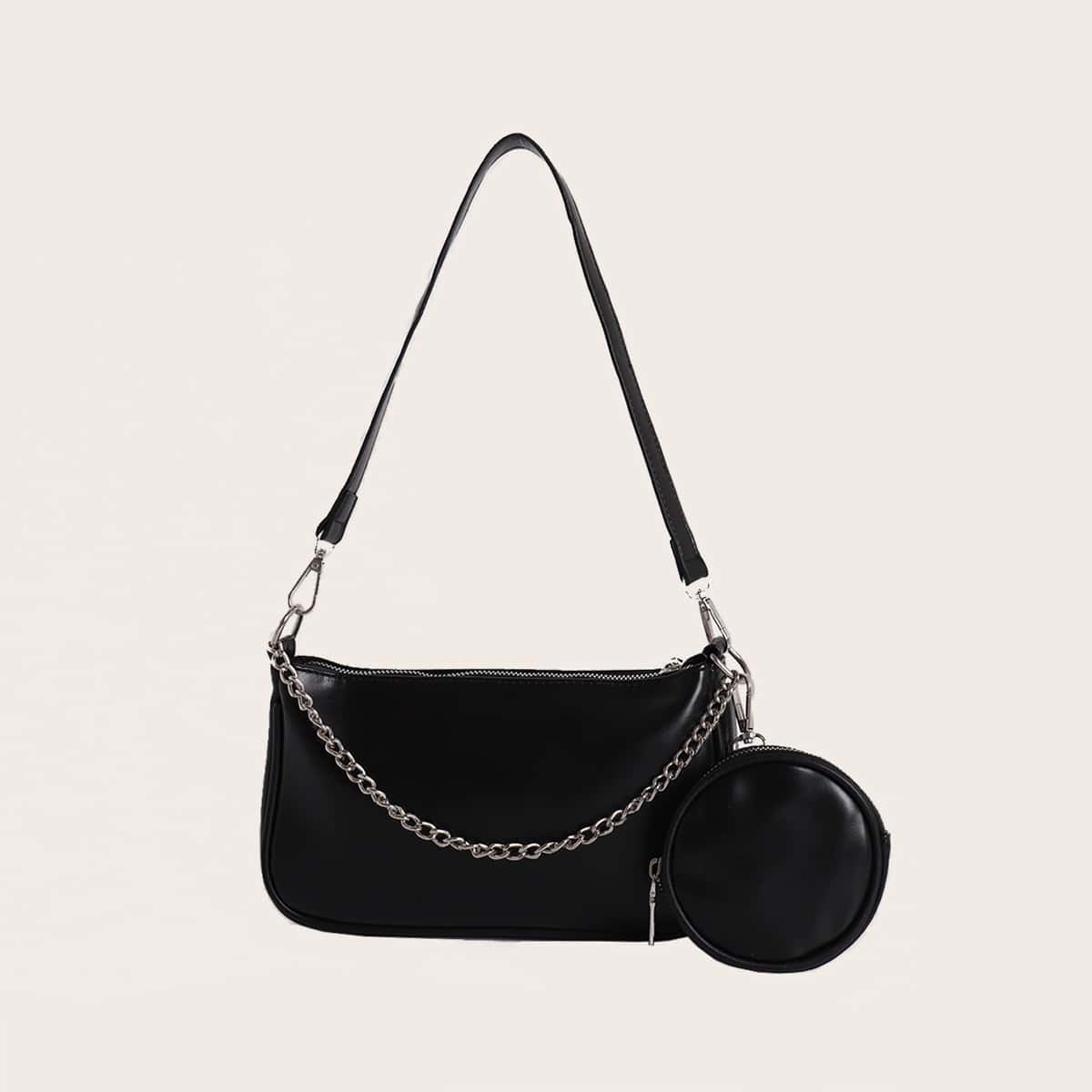 

Simple Baguette Bag With Purse, Black