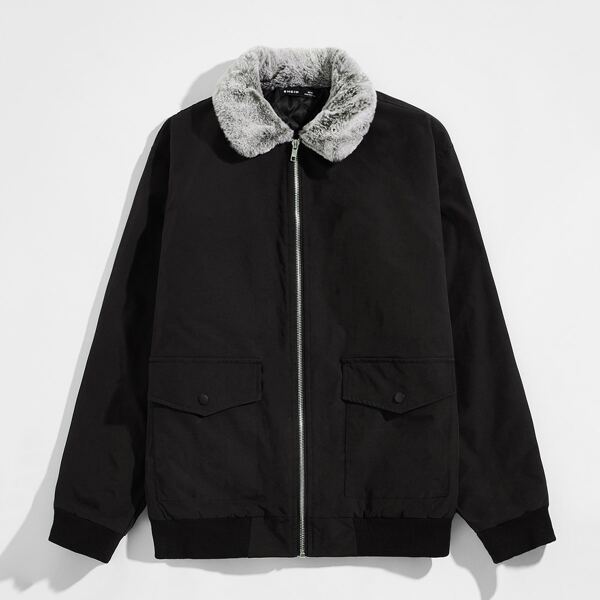 

Men Faux Shearling Trim Flap Pocket Jacket, Black