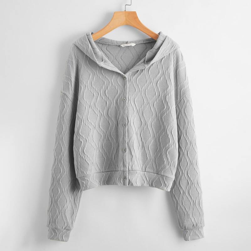 

Button Front Hooded Cable Knit Cardigan, Light grey