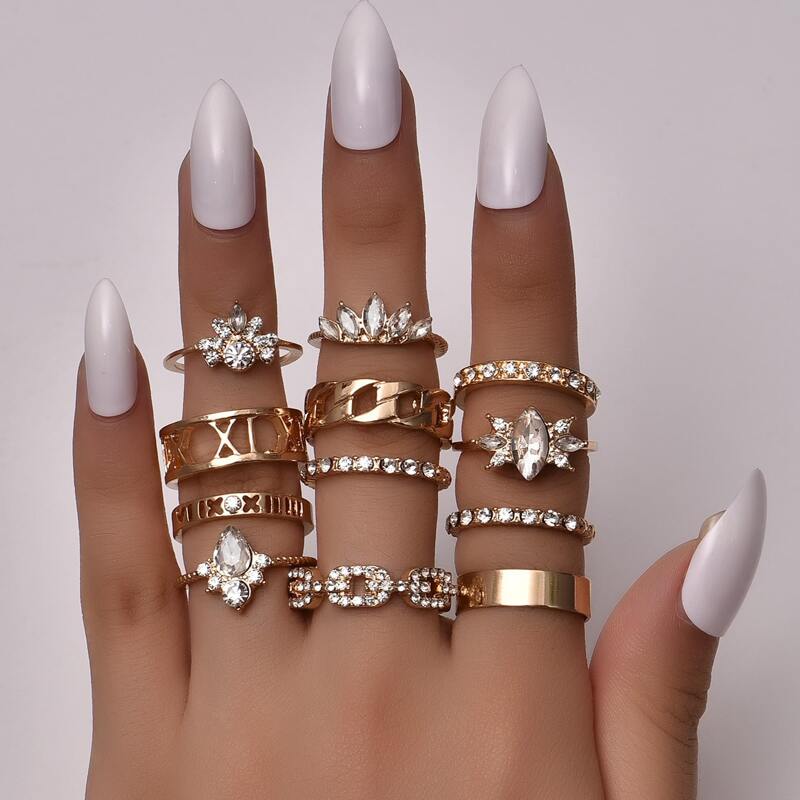 

12pcs Rhinestone Decor Ring, Gold