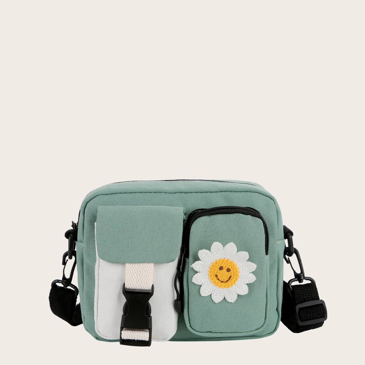 

Flower Decor Buckle Front Crossbody Bag, Green