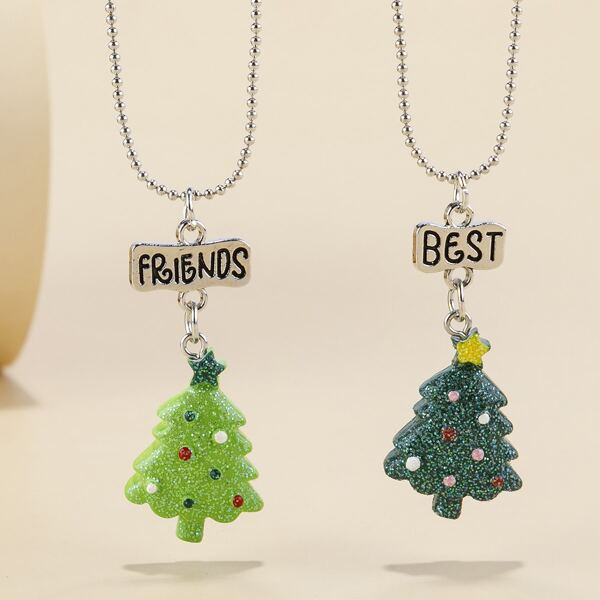 

2pcs Girls Christmas Tree Charm Necklace, Green