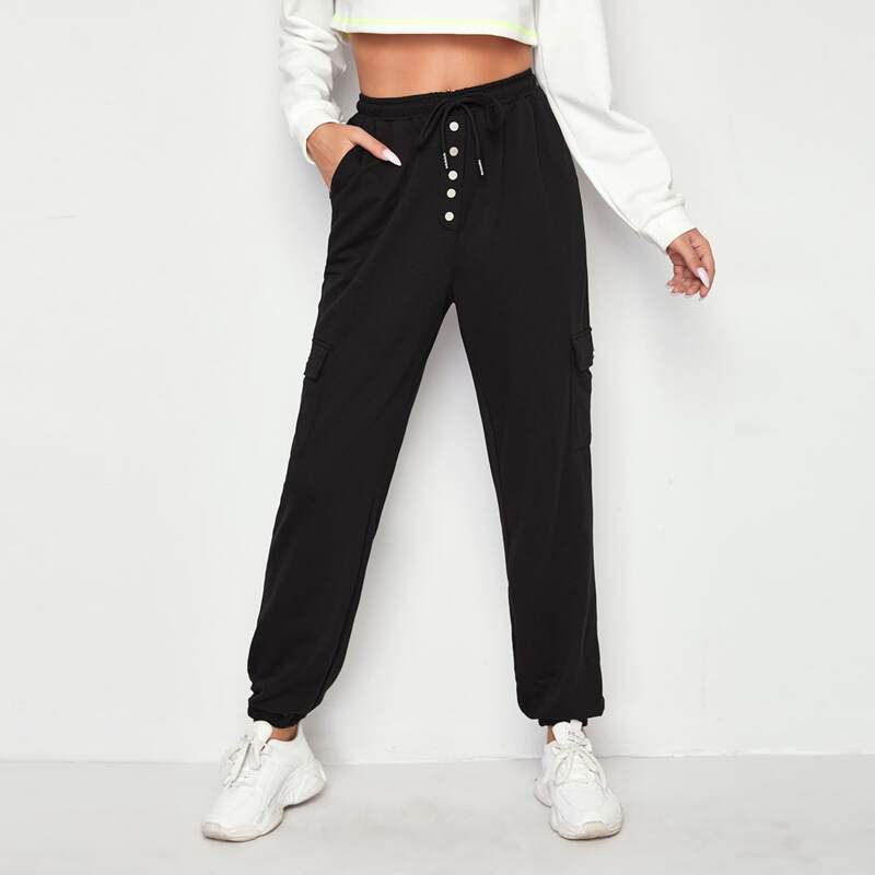 

Drawstring Waist Buttoned Front Flap Pocket Side Pants, Black