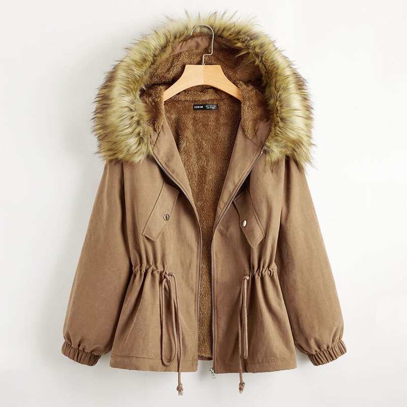 

Zip Up Drawstring Waist Teddy Lined Faux Fur Trim Hooded Jacket, Brown