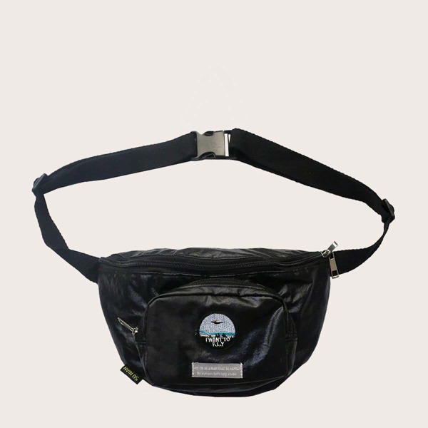 

Men Embroidered Pocket Front Fanny Pack, Black