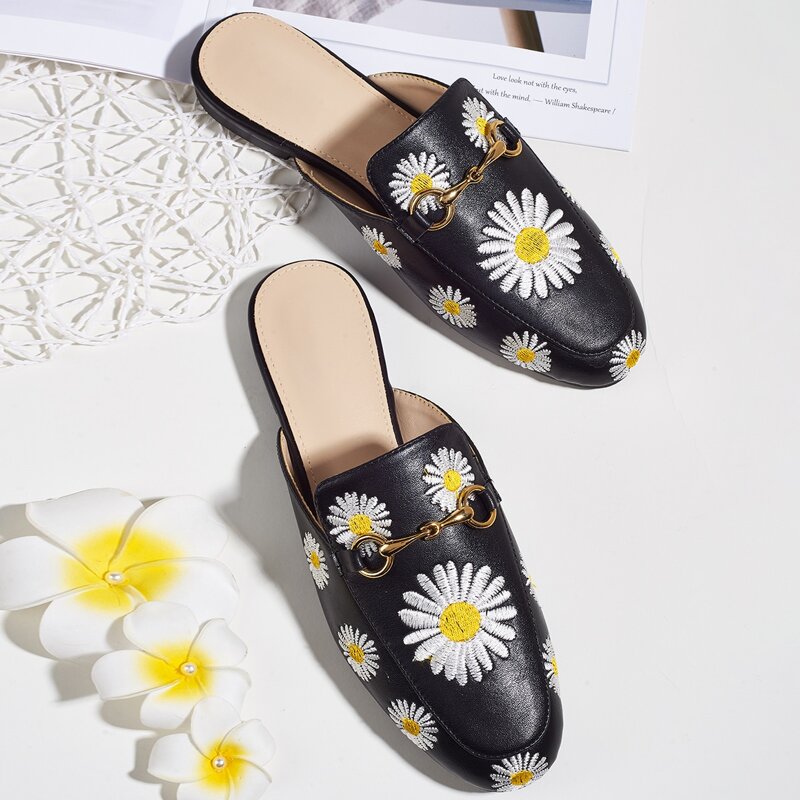 

Metal Decor Floral Embroidered Mules, Black