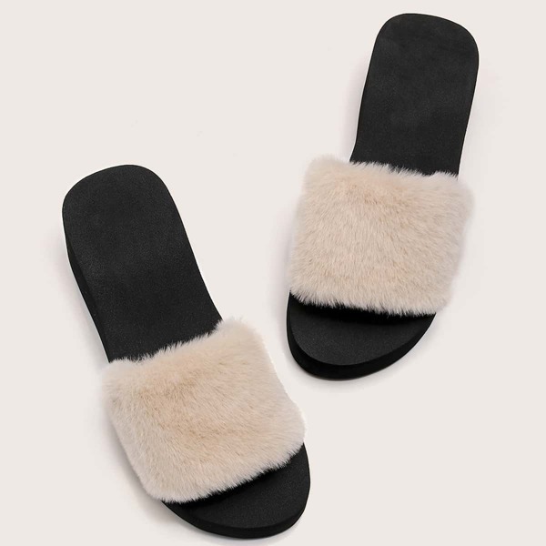 

Faux Fur Decor Wedge Mules, Beige