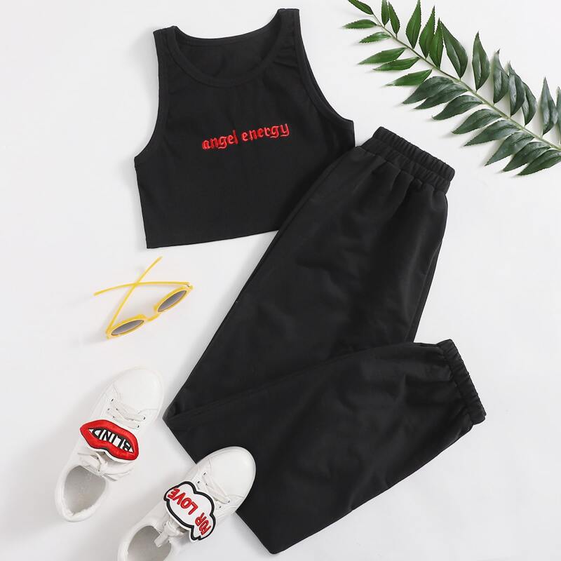 

Letter Embroidery Crop Tank & Pants, Black