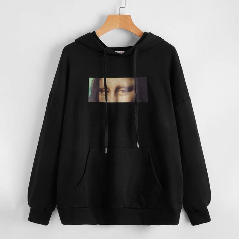 

Kangaroo Pocket Figure Graphic Hoodie, Black