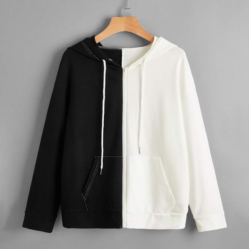 

Kangaroo Pocket Two Tone Drawstring Hooded Sweatshirt, Black and white