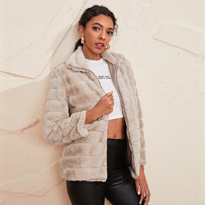 

Zip Up Quilted Faux Fur Coat, Khaki