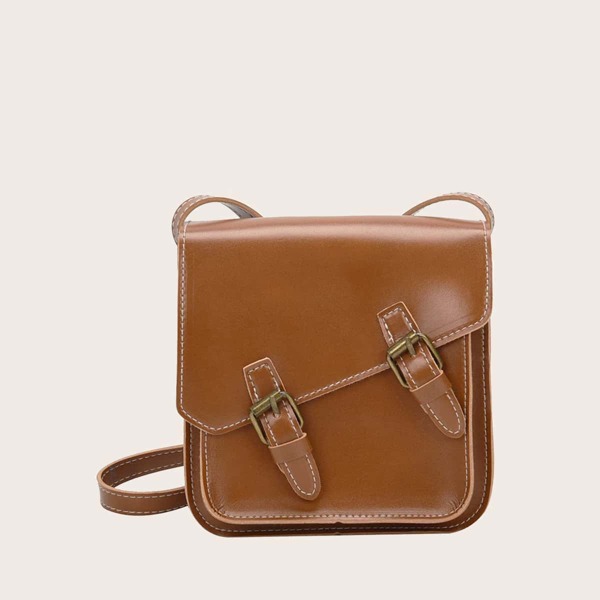 

Double Buckle Decor Flap Crossbody Bag, Khaki