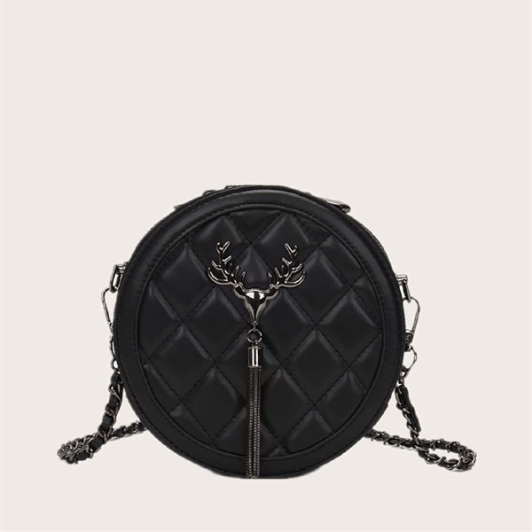 

Tassel Decor Quilted Circle Bag, Black