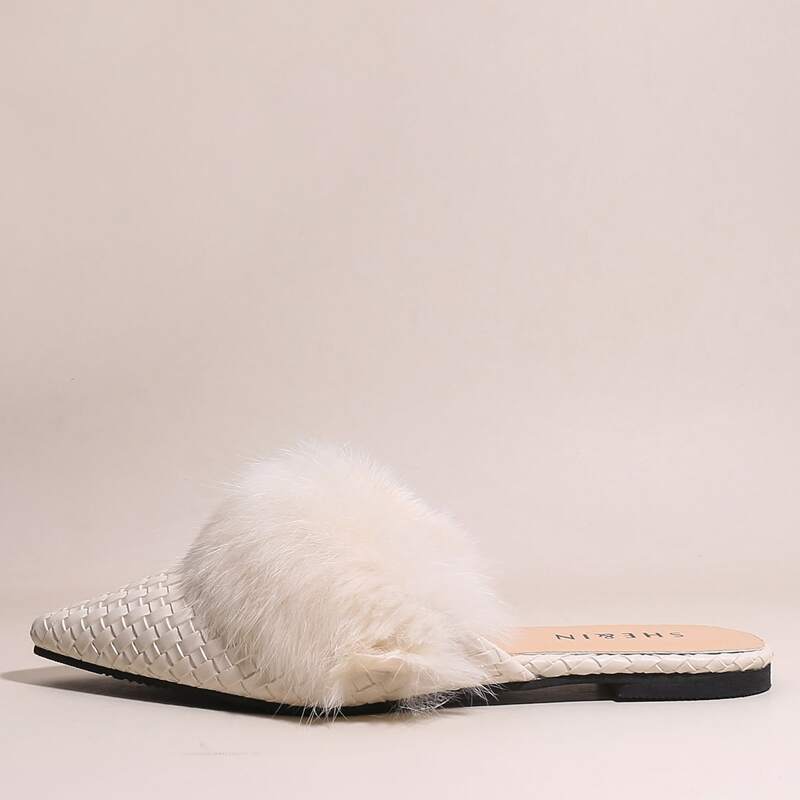 

Braided Faux Fur Decor Mules, Beige