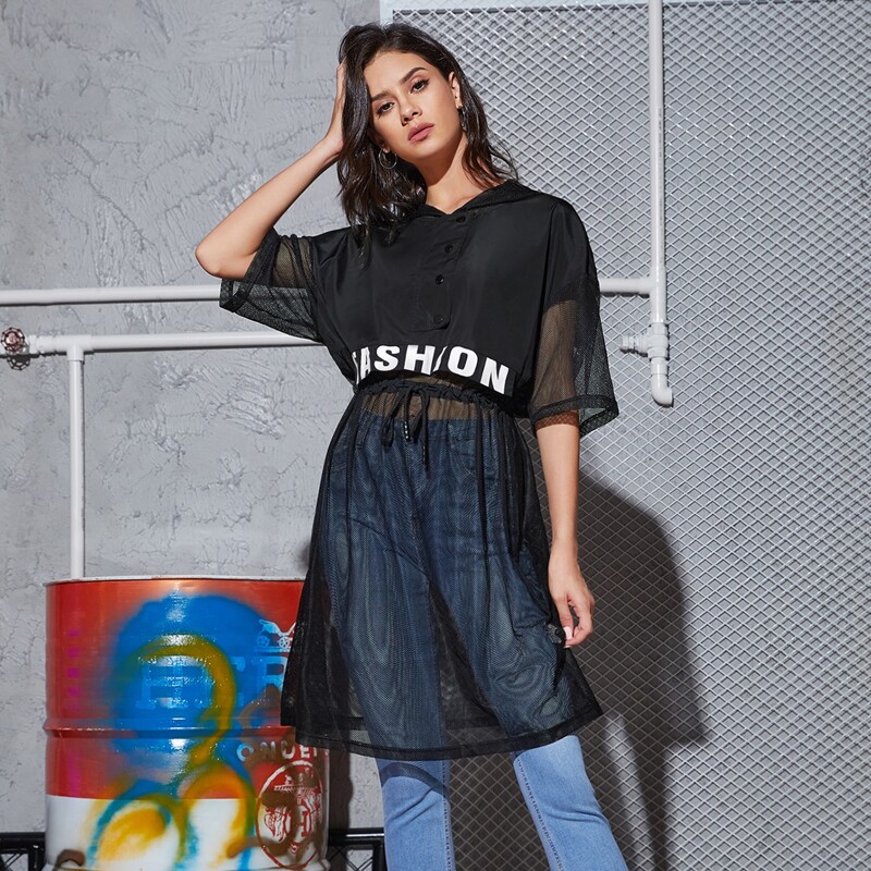 

Letter Graphic Button Half Placket Mesh Hem Jacket, Black