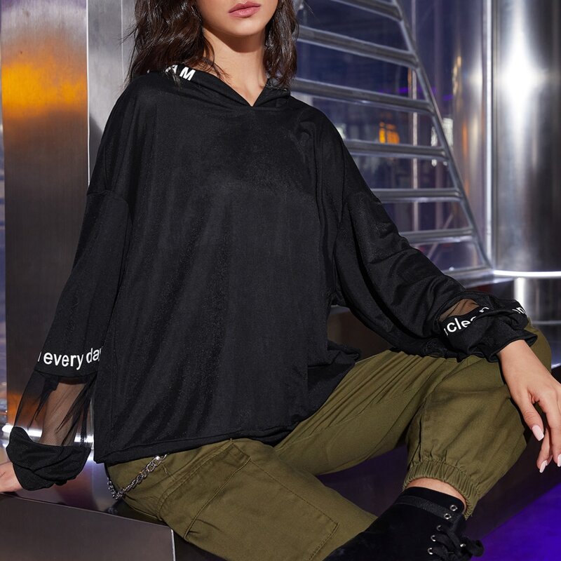 

Slogan Graphic Mesh Insert Drop Shoulder Hoodie, Black