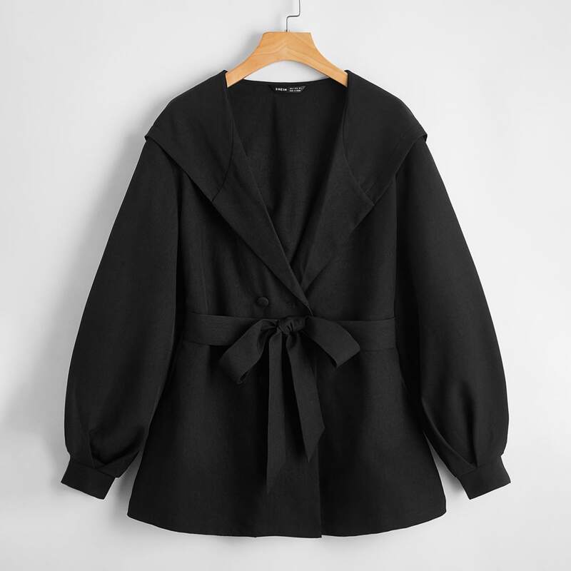 

Lantern Sleeve Belted Hooded Coat, Black