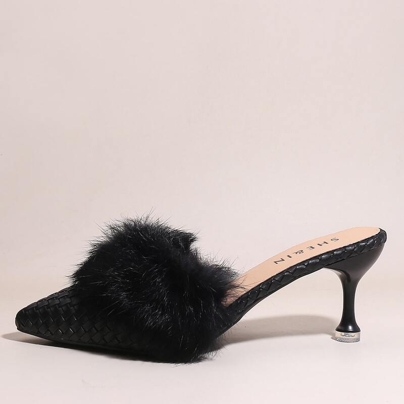 

Braided Faux Fur Decor High Heel Mules, Black