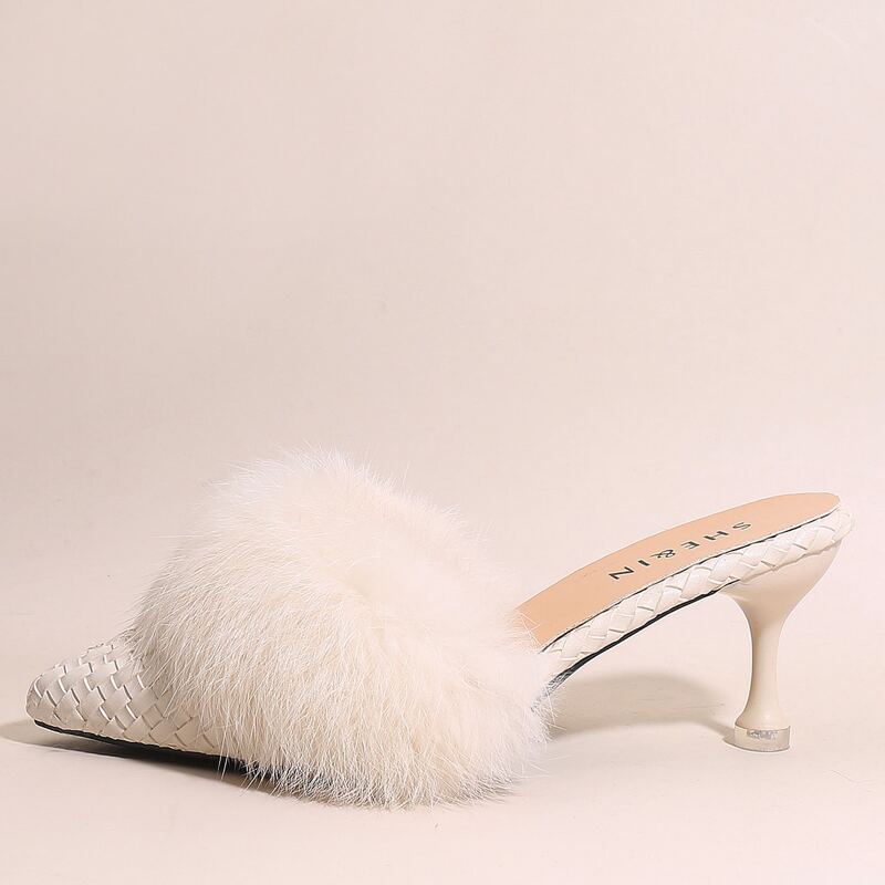 

Braided Faux Fur Decor High Heel Mules, Beige