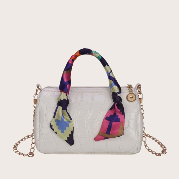 

Twilly Scarf Decor Croc Embossed Chain Bag, White