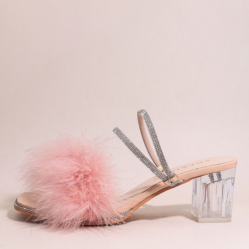 

Rhinestone Decor Fluffy Mules, Pink clear