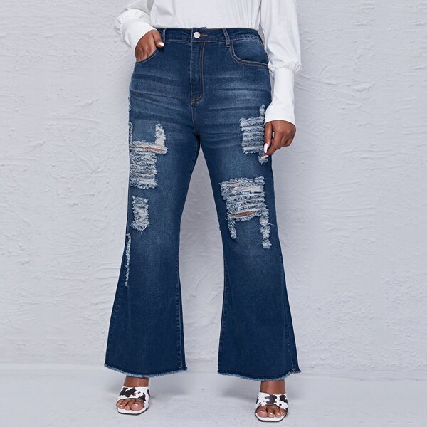

Plus Ripped Raw Hem Flare Leg Jeans, Dark wash