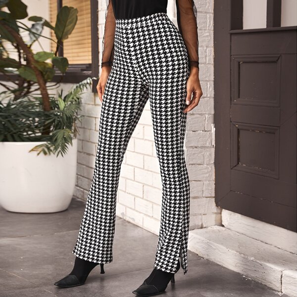 

Flare Leg Houndstooth Pants, Black and white