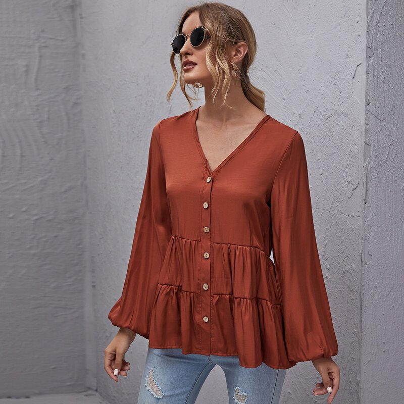 

Lantern Sleeve Button Front Peplum Top, Burnt orange