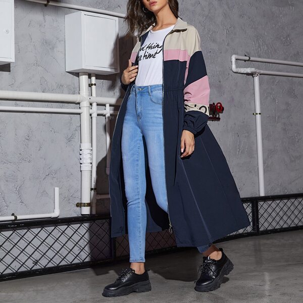 

Collared Zip Up Letter Graphic Colorblock Jacket, Navy blue