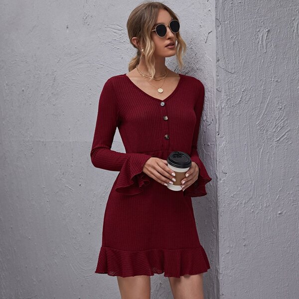 

Button Front Bell Sleeve Ruffle Hem Rib-knit Dress, Maroon