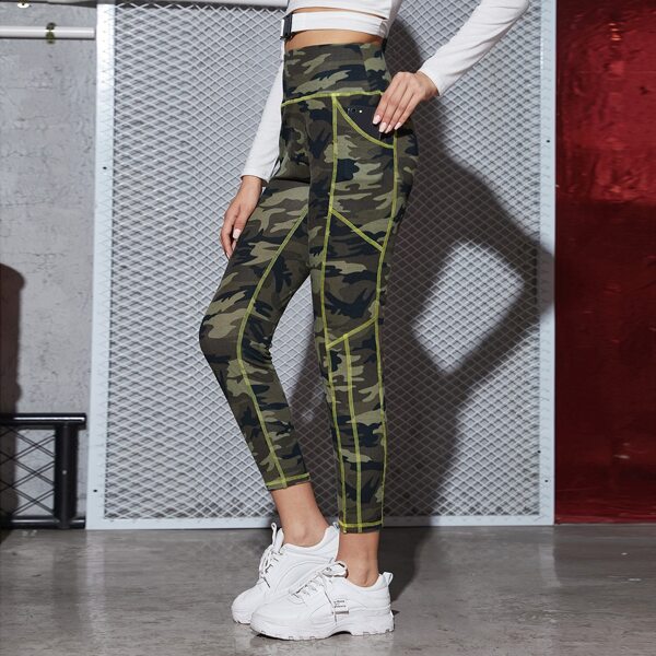 

Wide Waistband Slant Pocket Contrast Stitch Camo Leggings, Multicolor