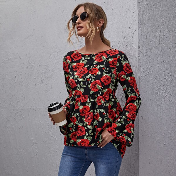 

Bell Sleeve Allover Floral Print Peplum Top, Multicolor